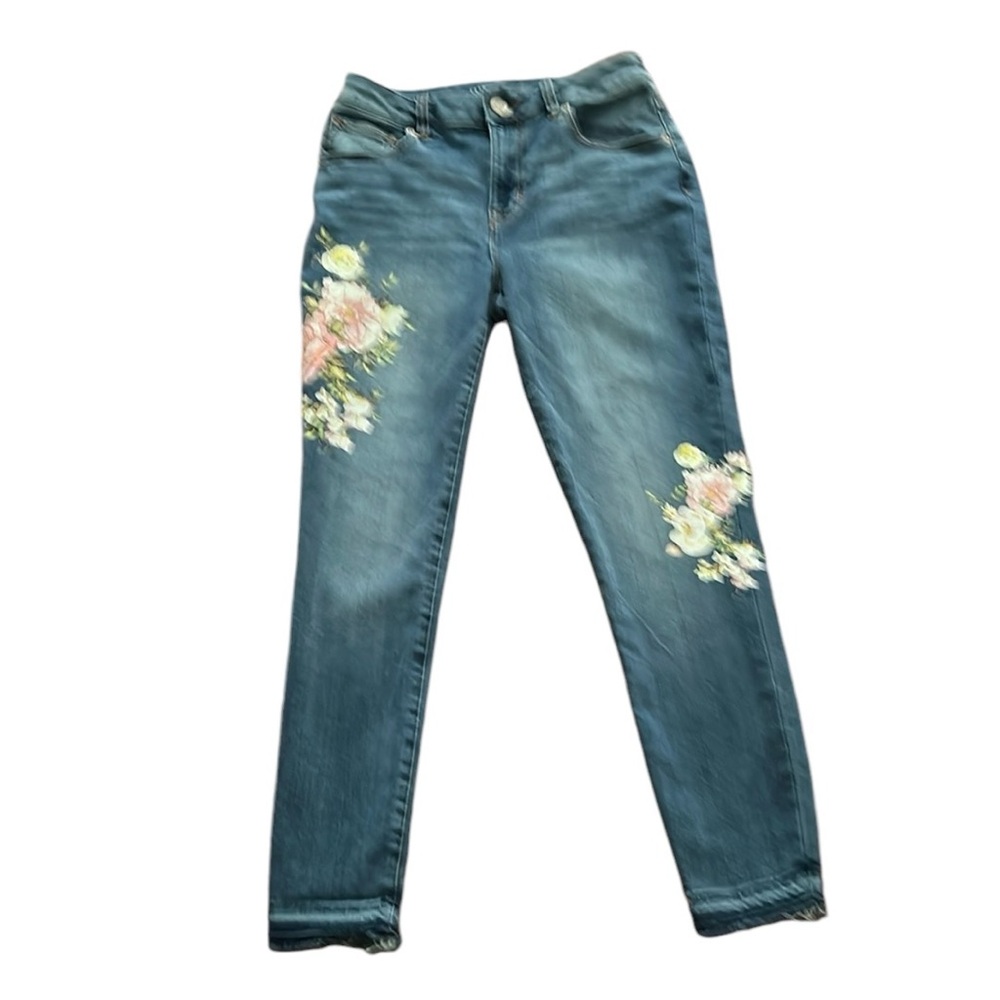 Maurices Women's High Rise Blue Jeans with Pink Floral Denim Design Size 5/6 - Picture 1 of 6